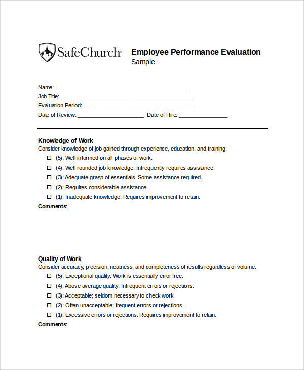 church employee performance evaluation form