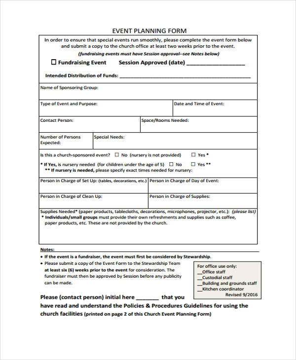 church event planning form
