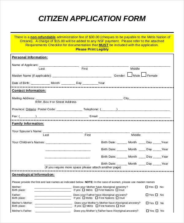 FREE 8 Citizen Application Forms Samples In PDF MS Word Excel