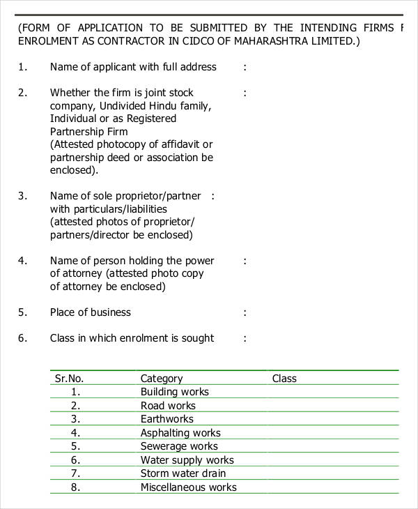 civil contractor application form