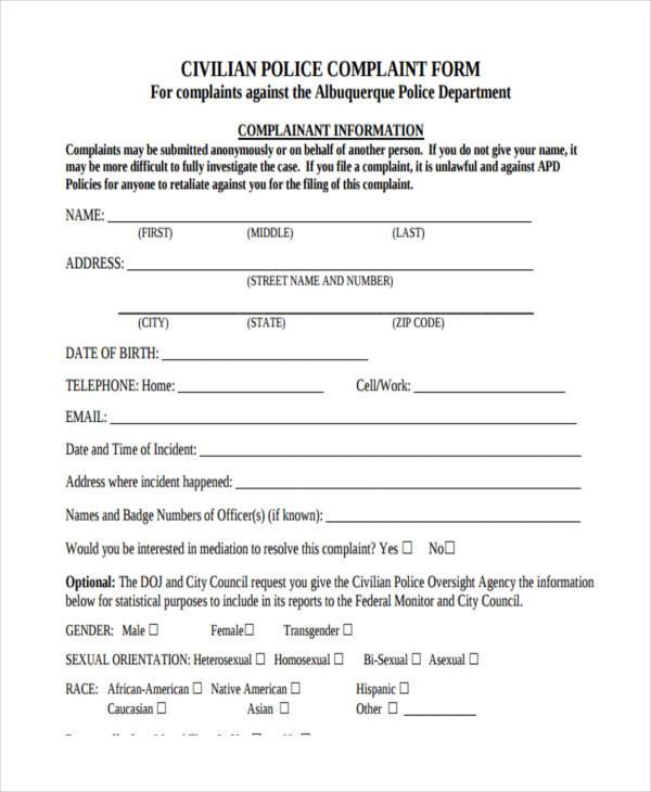 civilian police complaint form