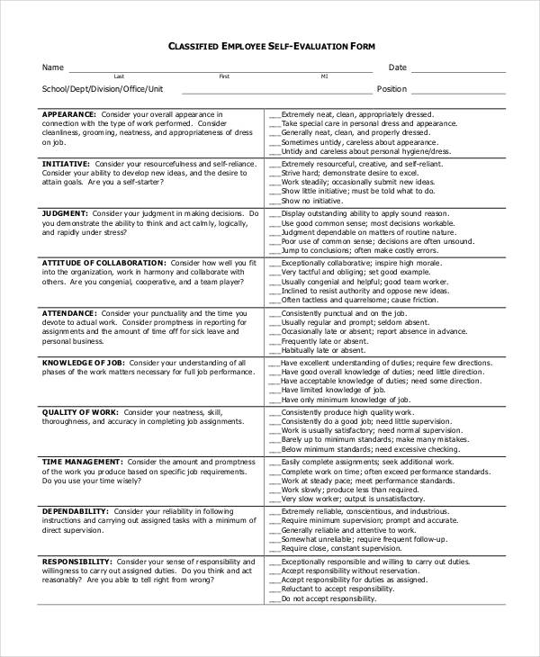classified employee self evaluation form