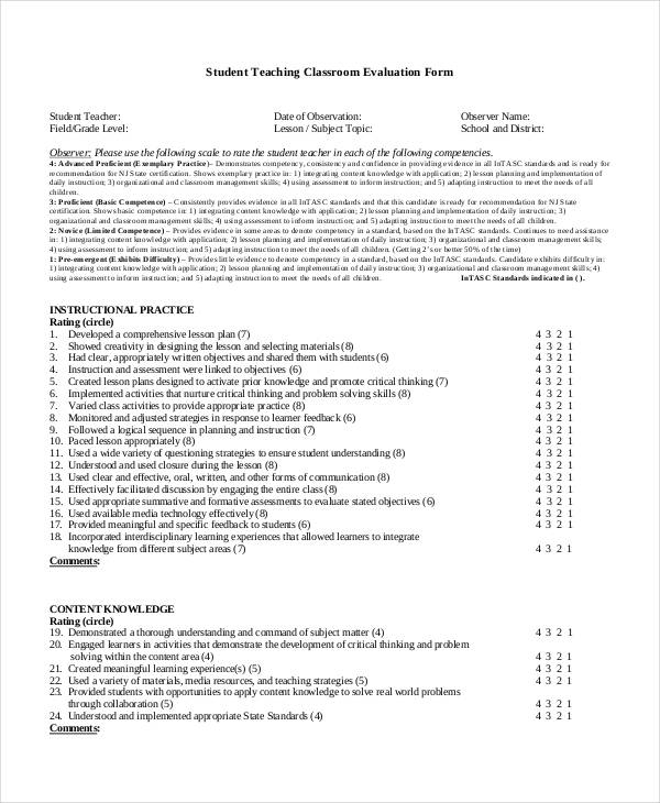 classroom student teaching evaluation form