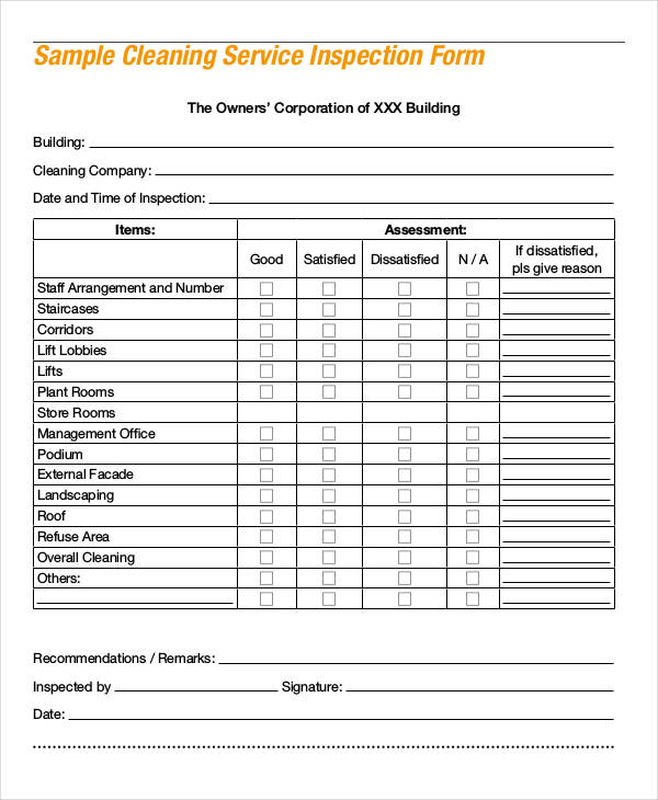 cleaning service inspection form
