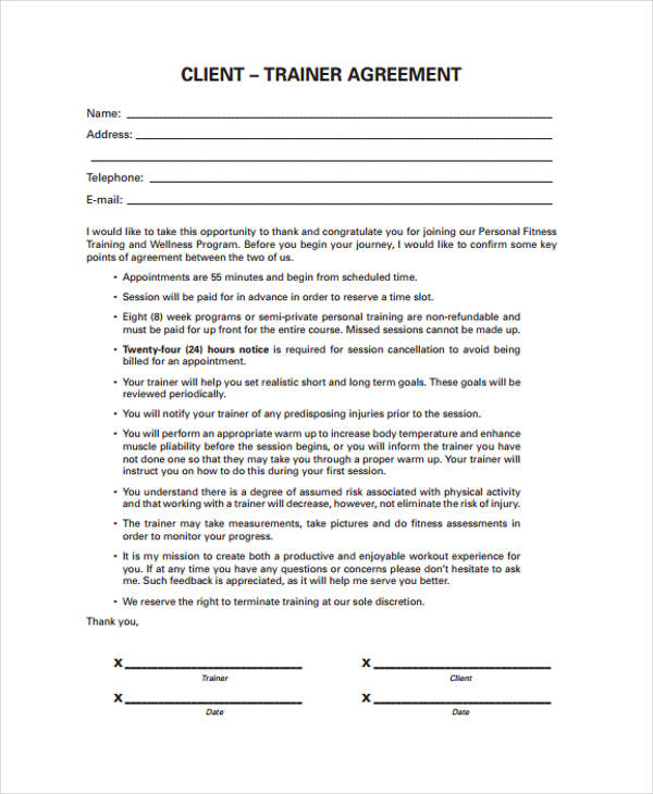 client training agreement form