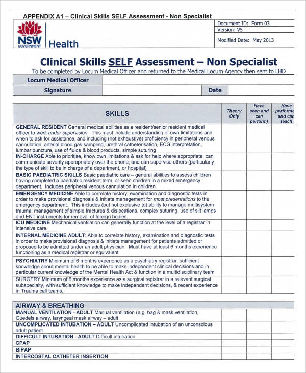 clinical skills self assessment form