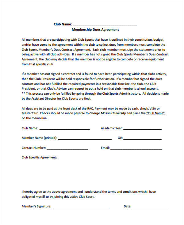 club sports contract agreement form