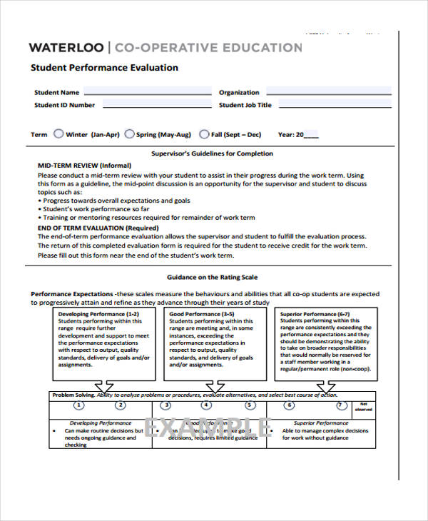 co operative student evaluation form example