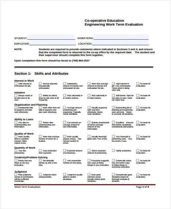 co operative student performance evaluation form