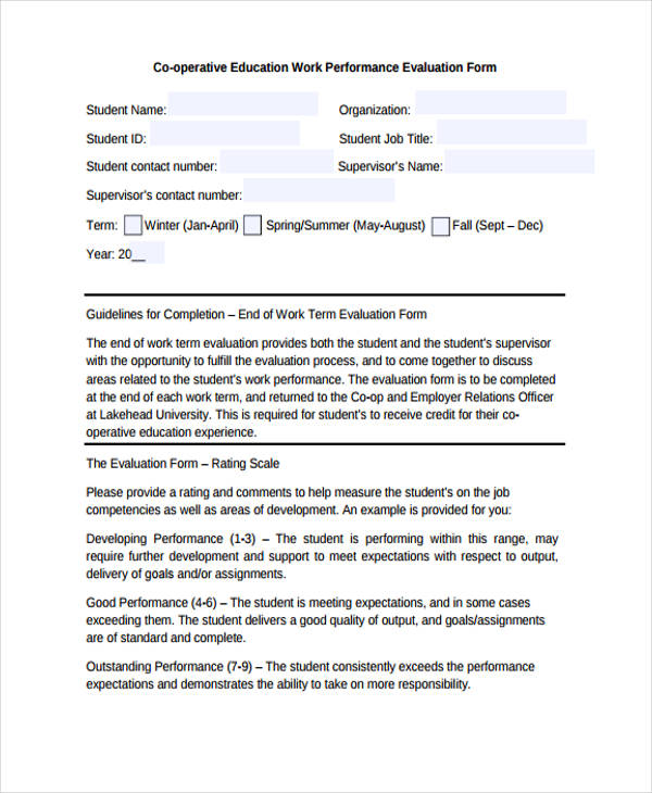 co operative education work evaluation form