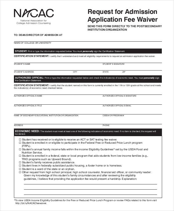 college application fee waiver form