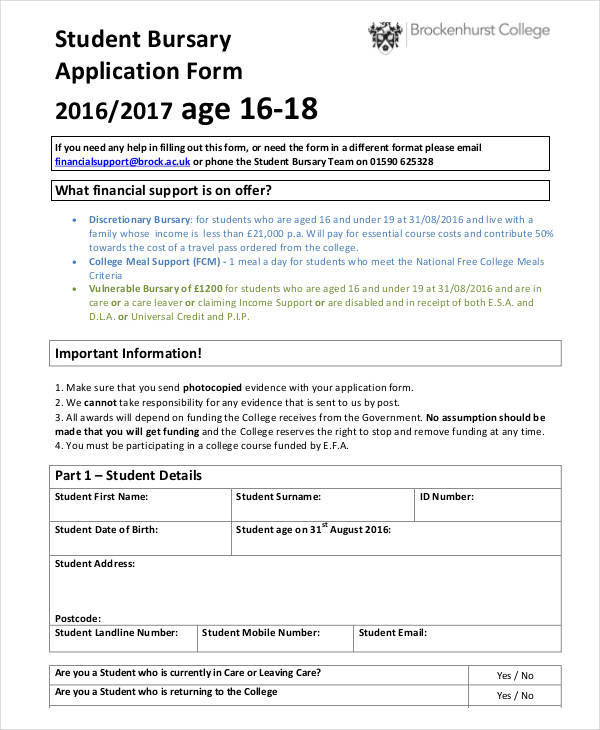 college bursary application form pdf