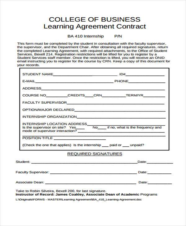 college business contract agreement form