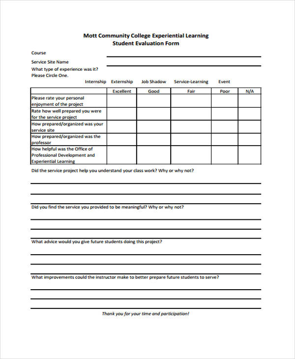 college experiential student evaluation form