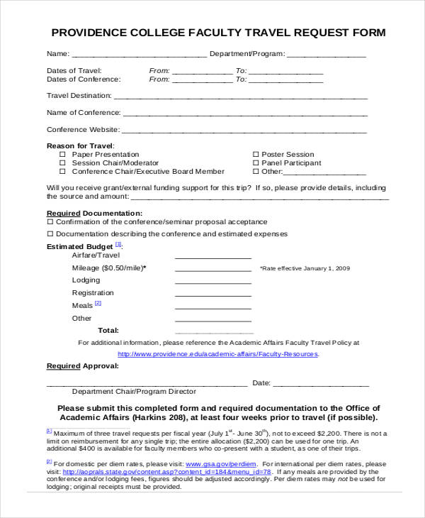 college faculty travel request form