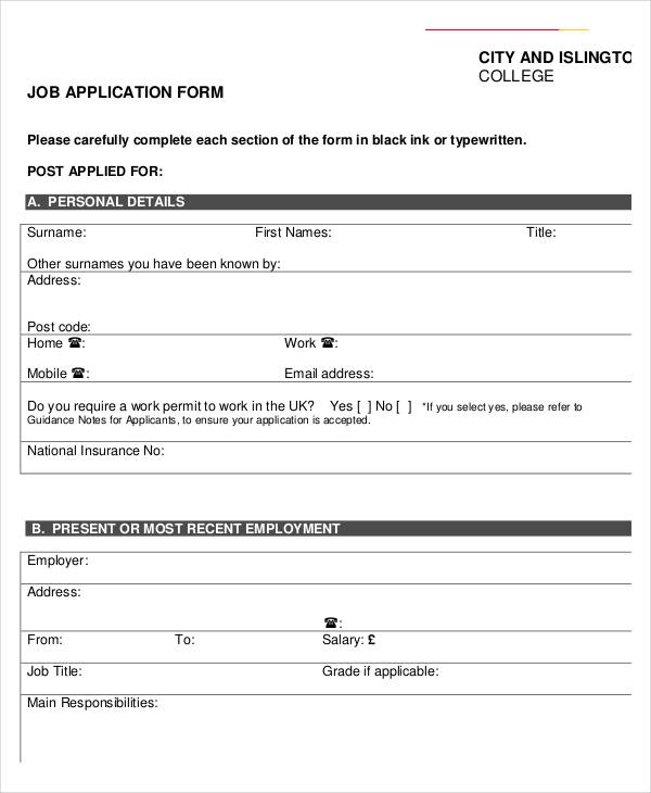 college job application form