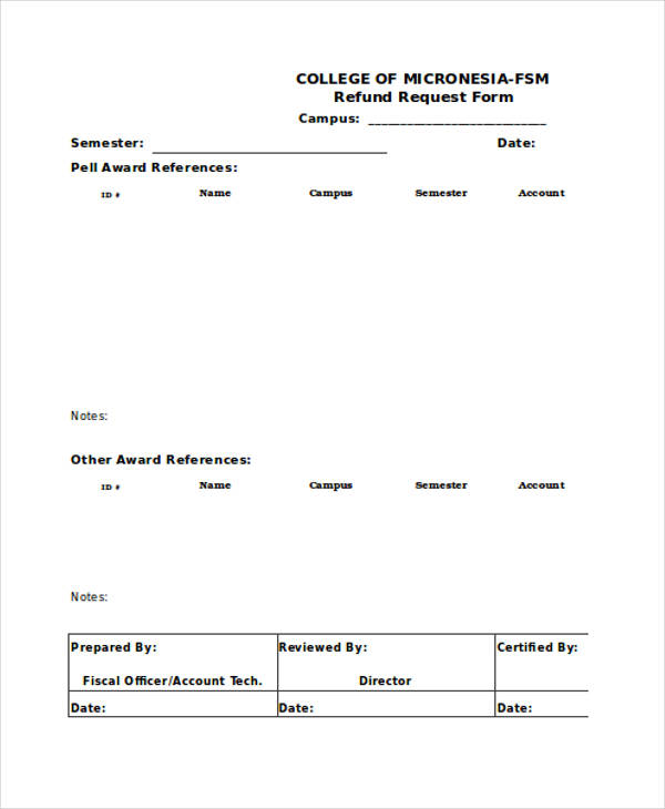college refund request form