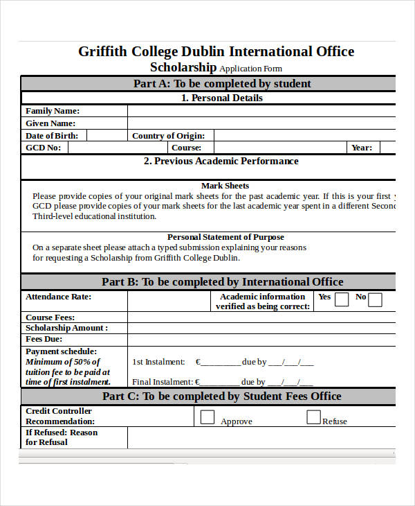 college scholarship application form doc
