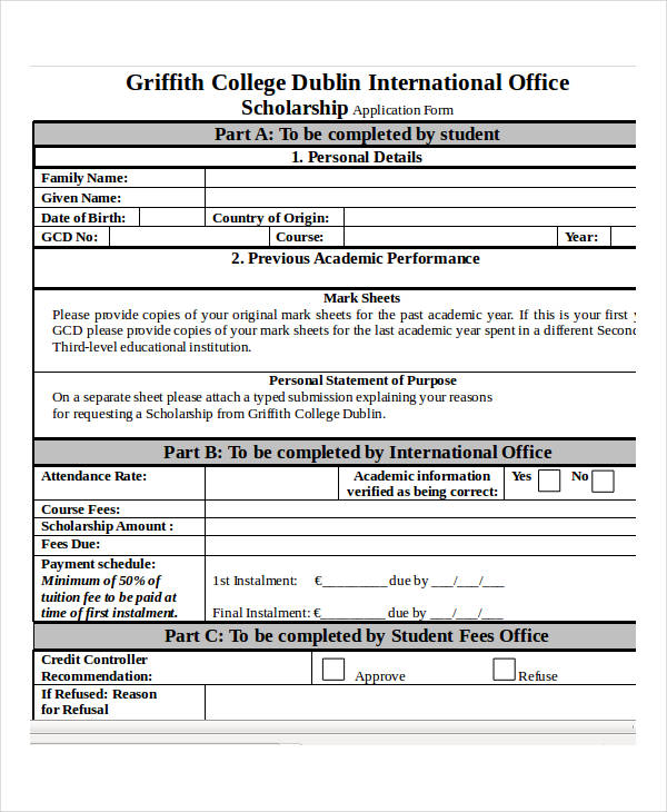 scholarship doc application sample form College Sample Form  Application Sample, 9  Example Free