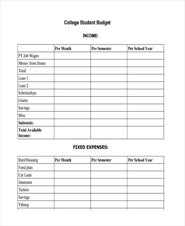 college student budget form free