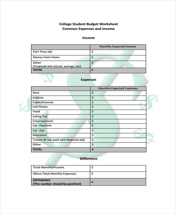 college student budget form