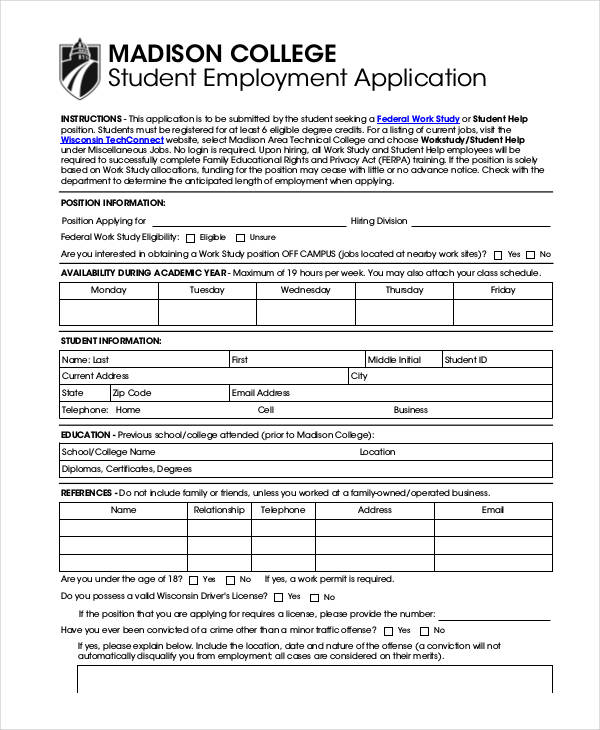 college student employment application form