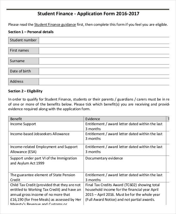 college student finance application form