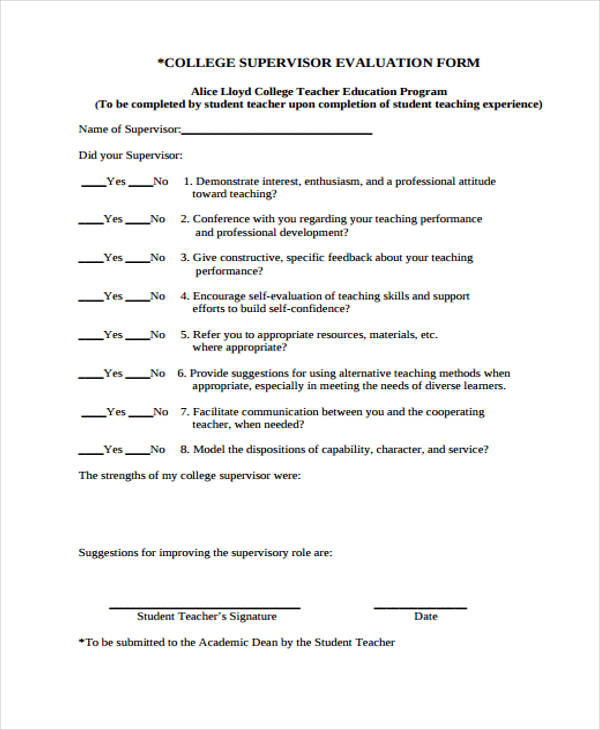 college student supervisor evaluation form