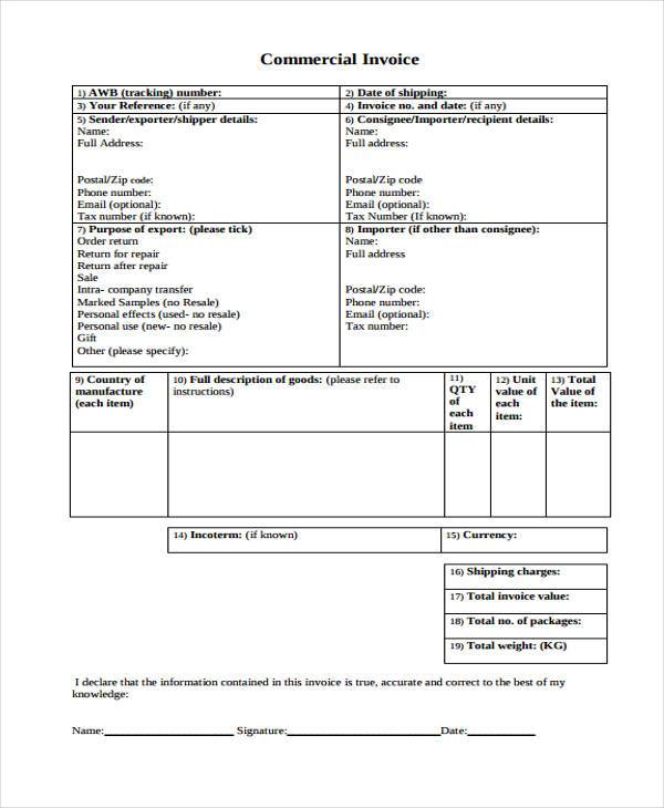 commercial invoice form sample