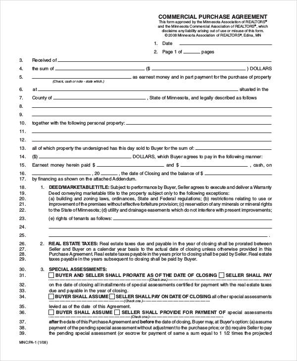 commercial purchase agreement form in pdf