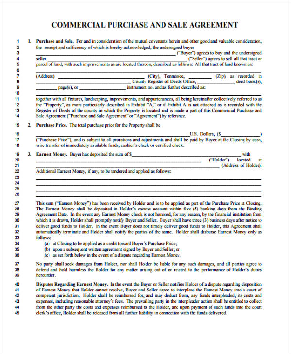 commercial purchase sale agreement form