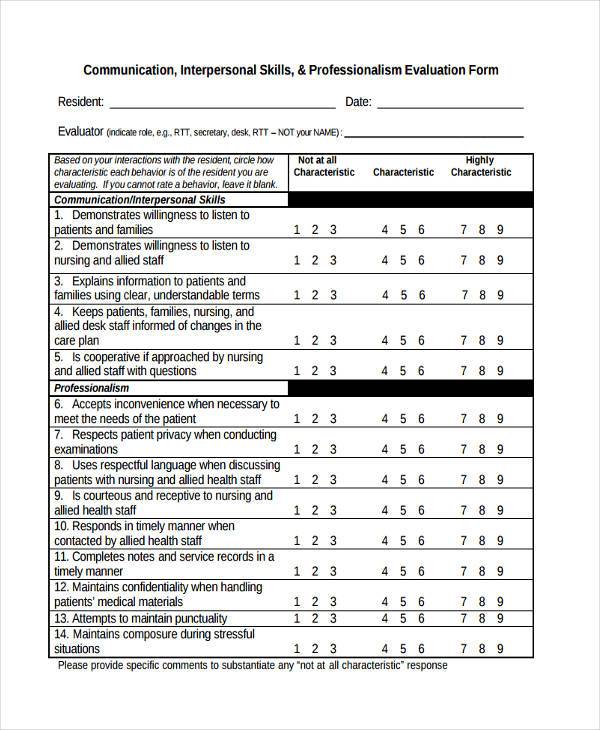 communication skills evaluation form