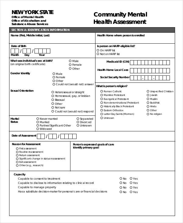 community mental health assessment form