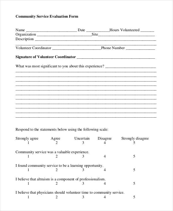 community service evaluation form template