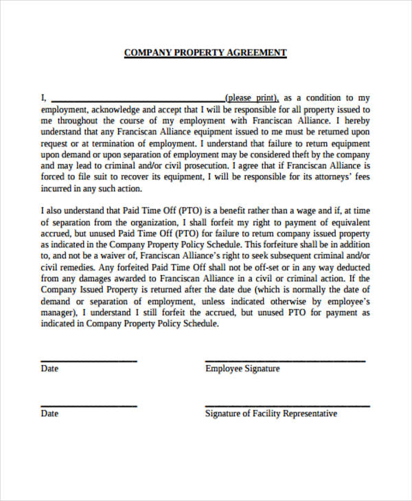 company property agreement form in pdf