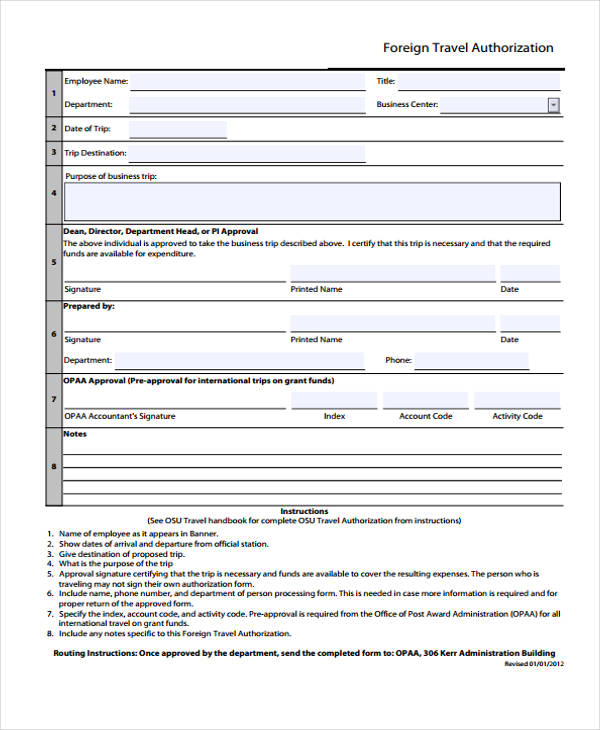 company travel authorization form