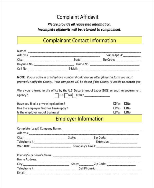 complaint affidavit legal form