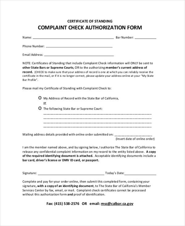 complaint check authorization form
