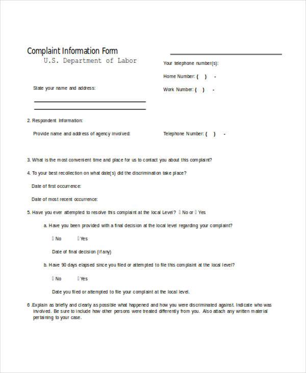complaint information form example 