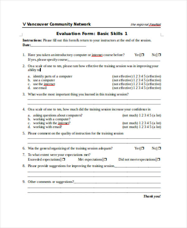 computer class training evaluation form