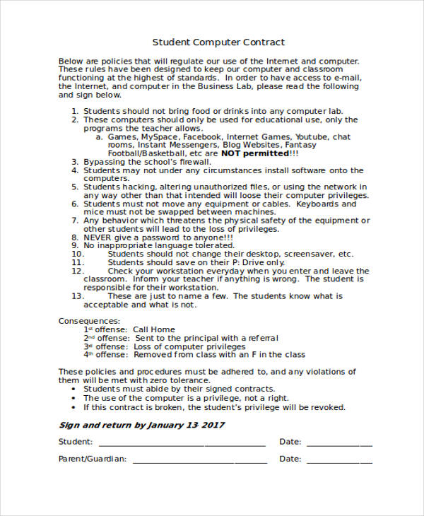 computer student contract form