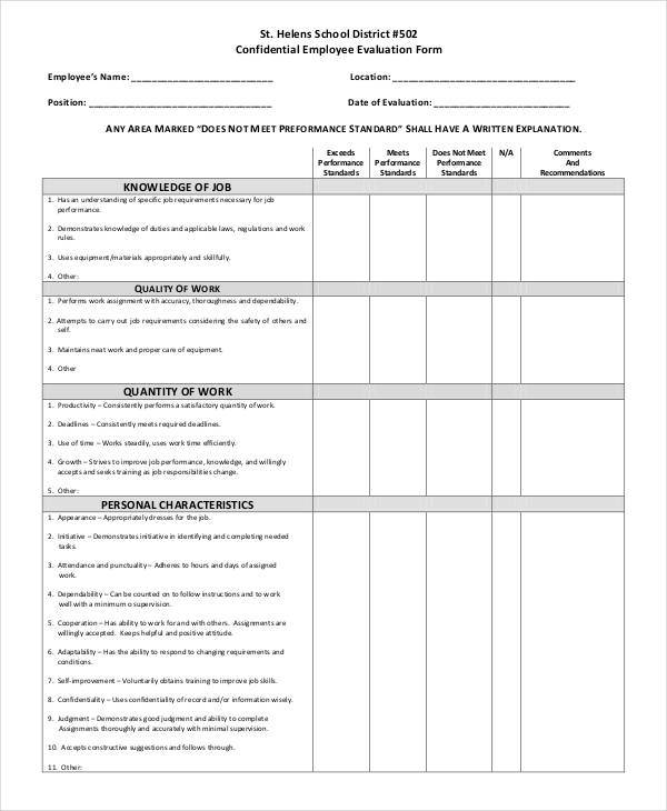 confidential employee evaluation form example