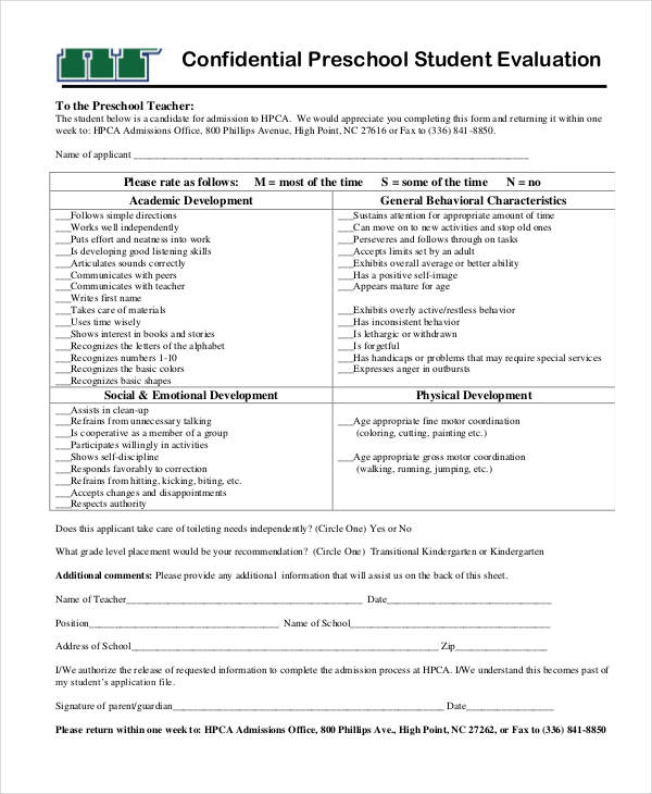 confidential preschool student evaluation form1