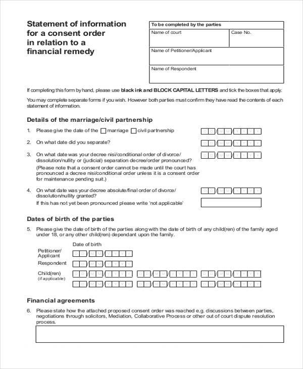 consent order financial form