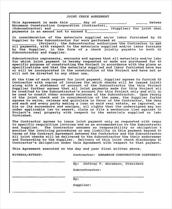 construction joint check agreement form example