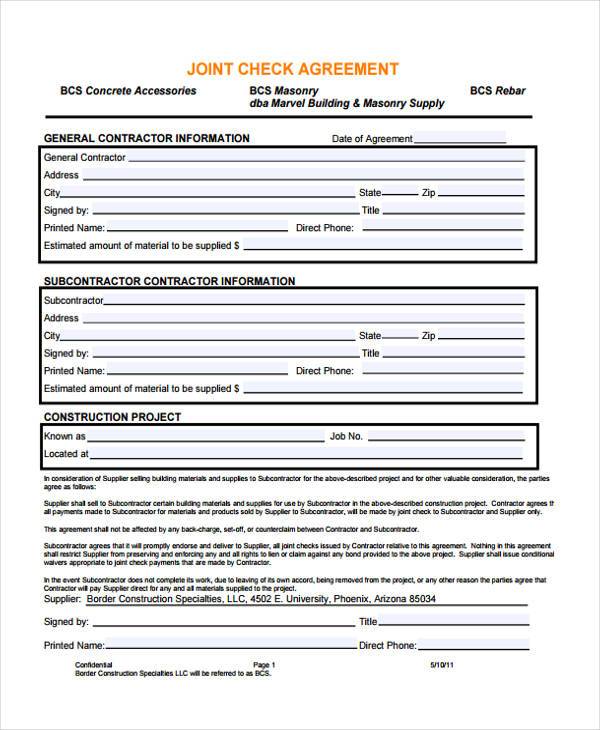 construction joint check agreement form