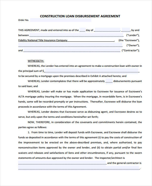 construction loan disbursement agreement form