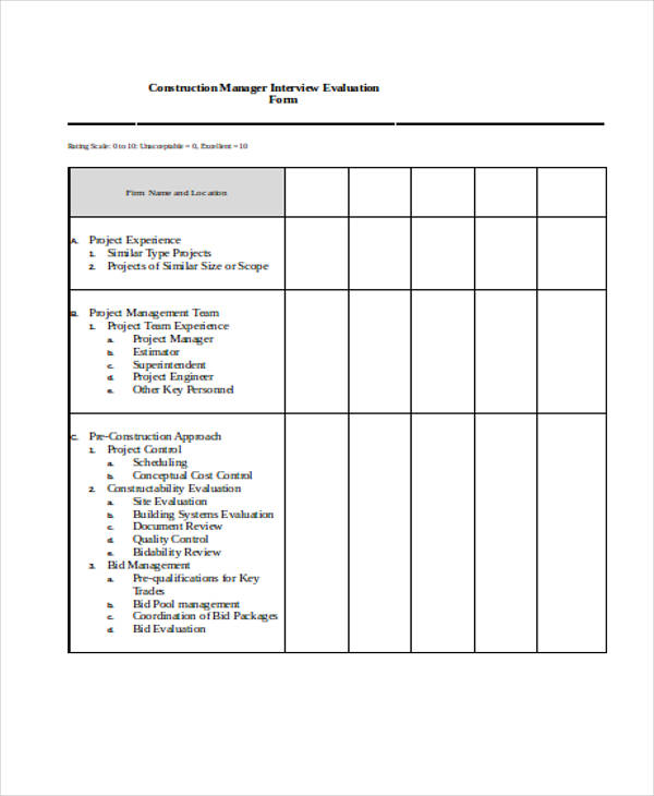 construction manager interview evaluation form