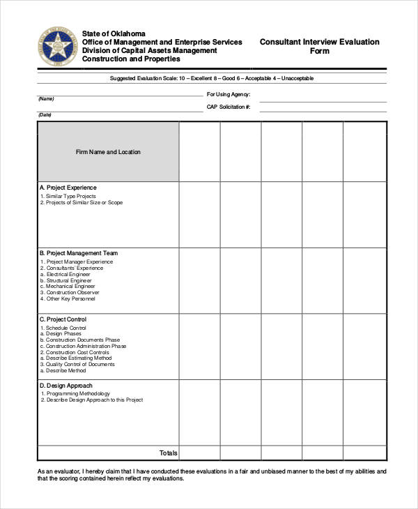 consultant interview evaluation form example