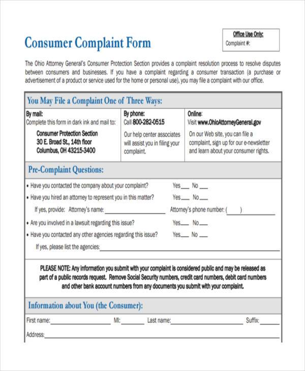 consumer service complaint form